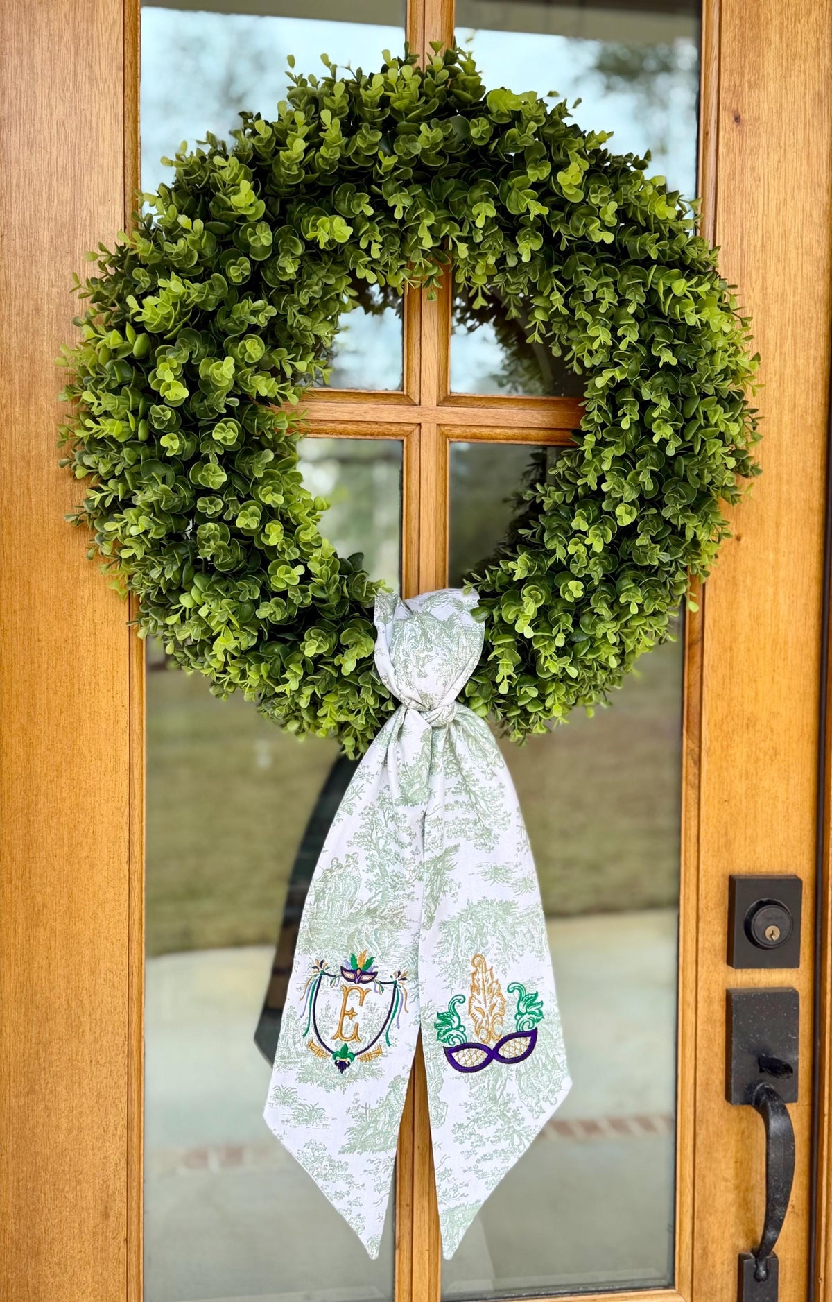 Mardi Gras Crest & Mask Wreath Sash | Sage Green Toile