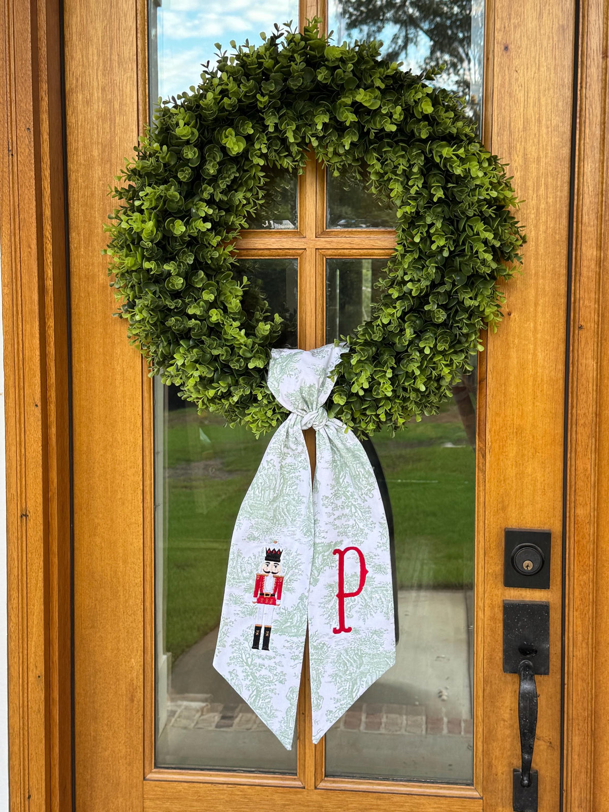 Red & White Christmas Nutcracker Wreath Sash | Sage Green Toile