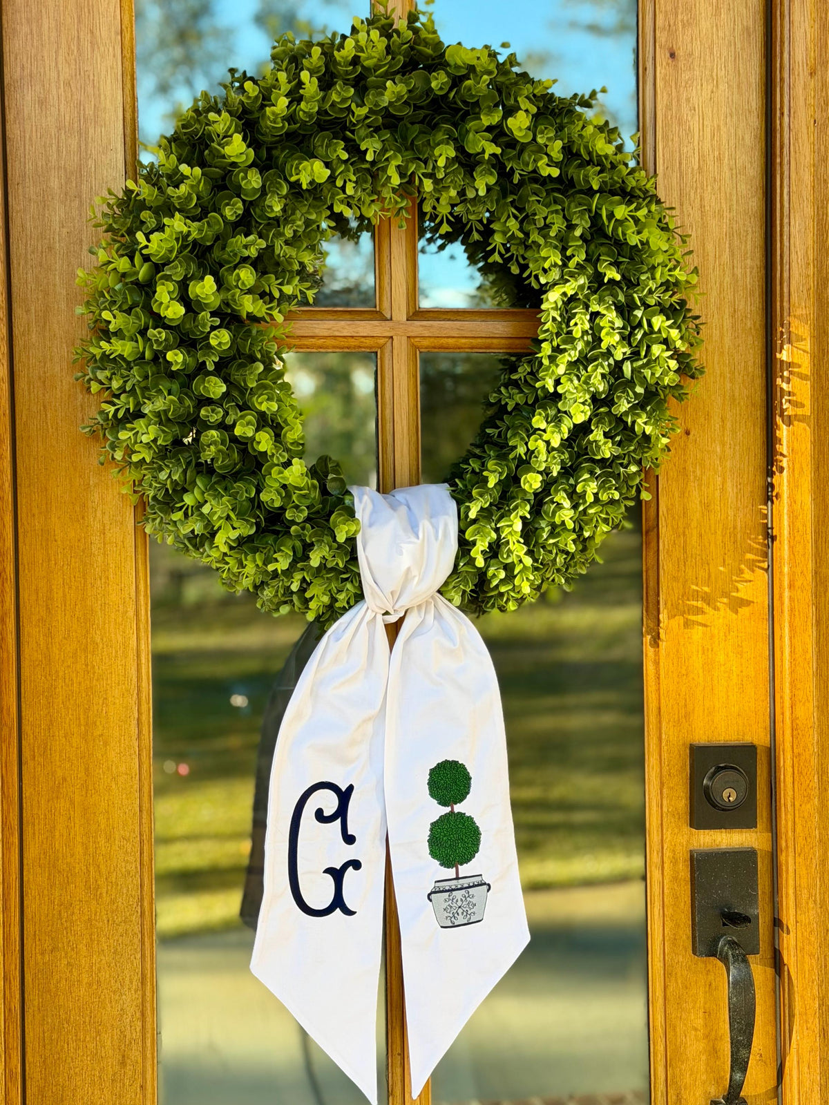 Classic Initial Boxwood Topiary Wreath Sash | White