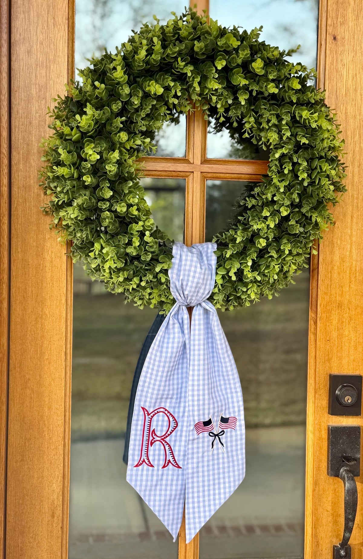 American Flag Monogram Wreath Sash | Light Blue 1/4" Gingham