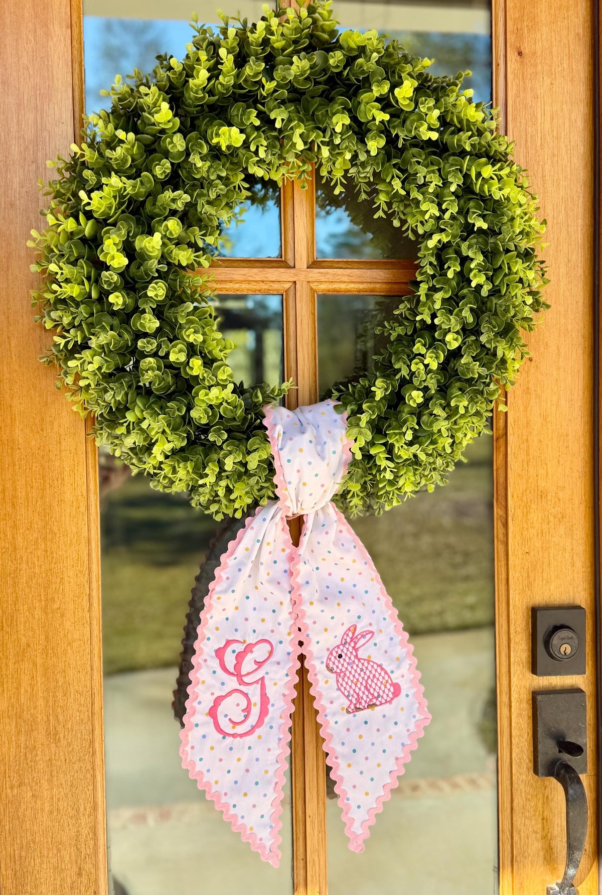 Pink Bunny Monogram Wreath Sash | Confetti Dot w/ Light Pink Rick Rack