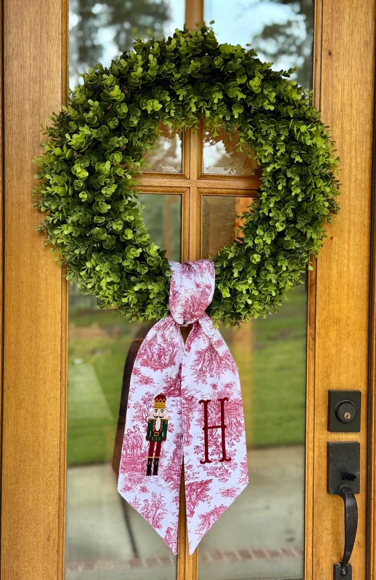 Dark Green & Red Christmas Nutcracker Wreath Sash | Red Toile
