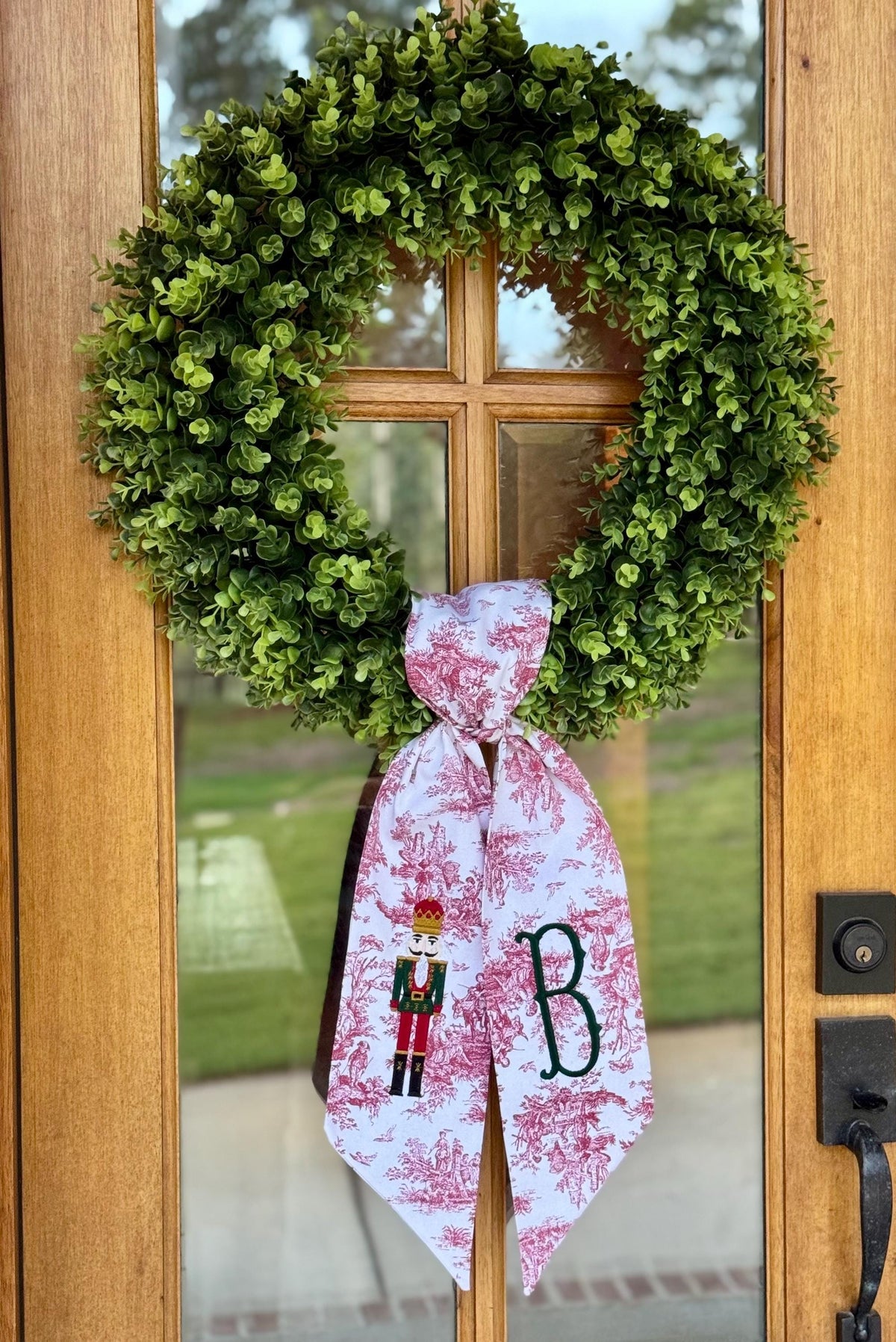 Dark Green & Red Christmas Nutcracker Wreath Sash | Red Toile