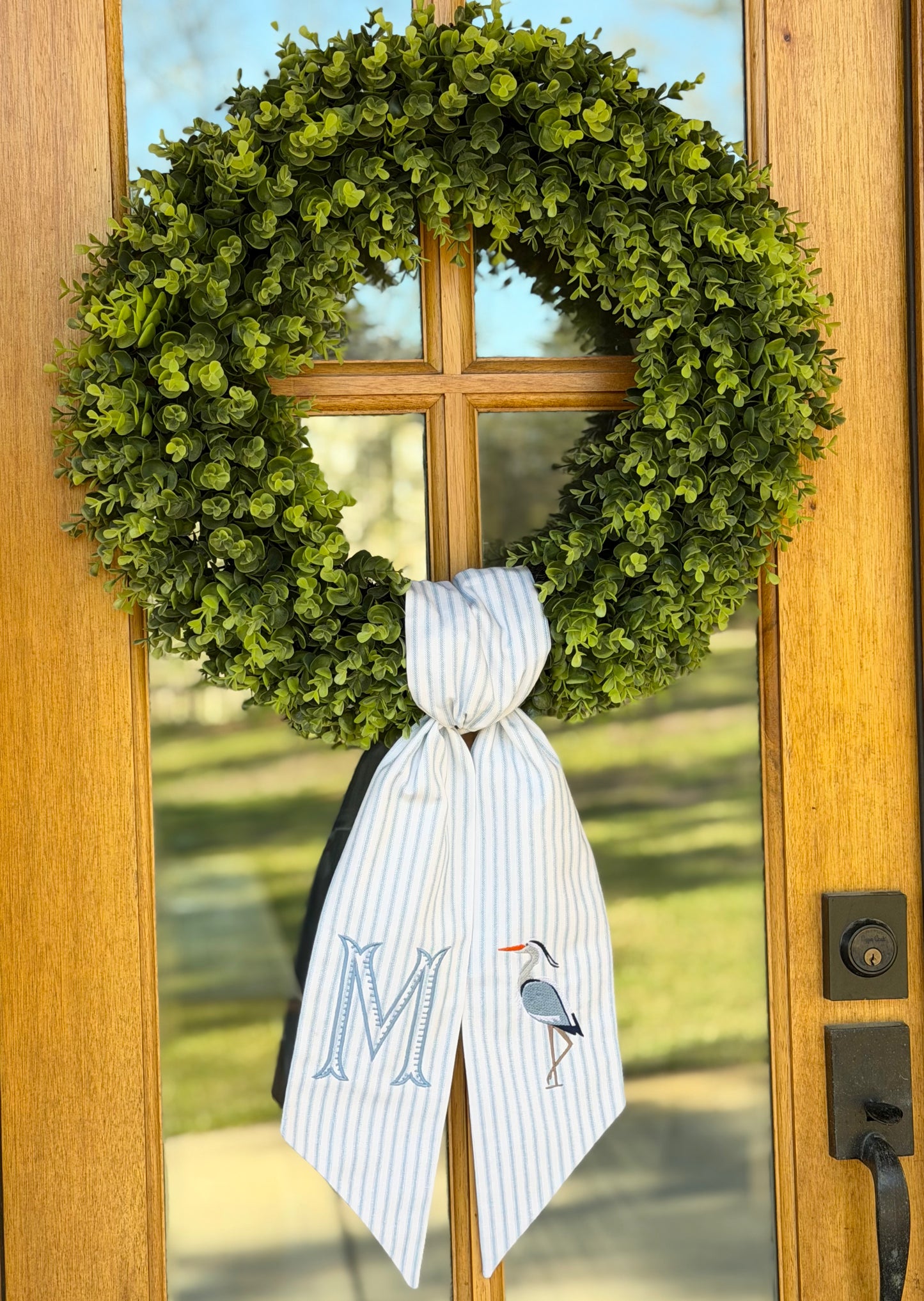 Blue Heron Wreath Sash | Light Blue Ticking