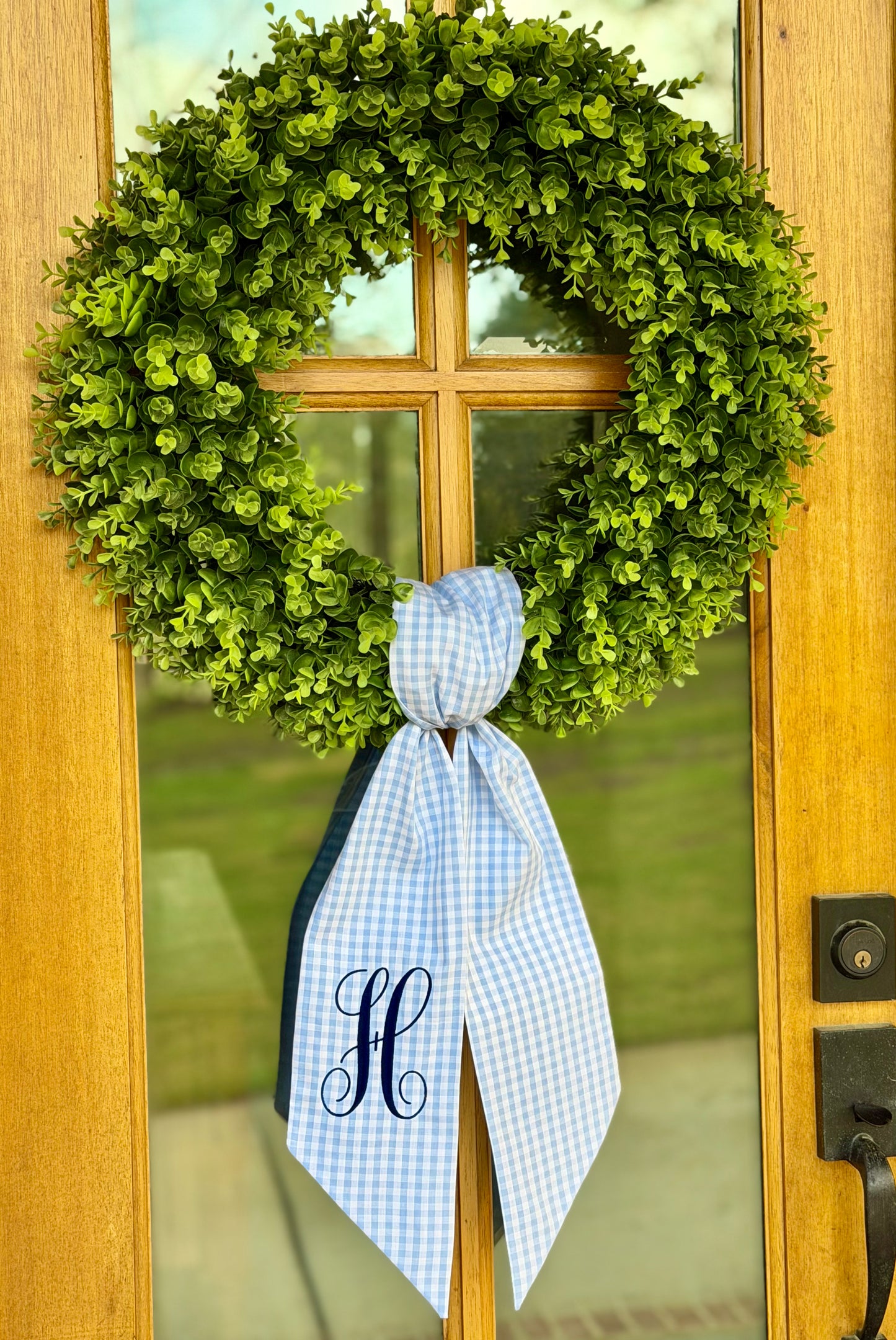 Classic Initial Wreath Sash | Light Blue 1/4" Gingham