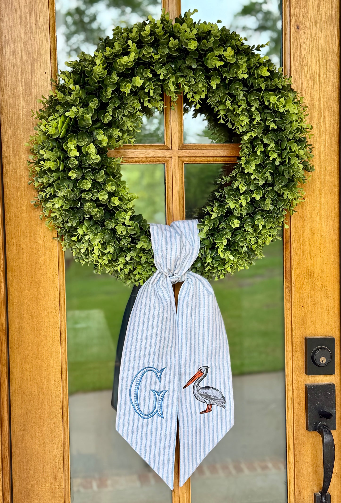 Coastal Pelican Wreath Sash | Light Blue Ticking