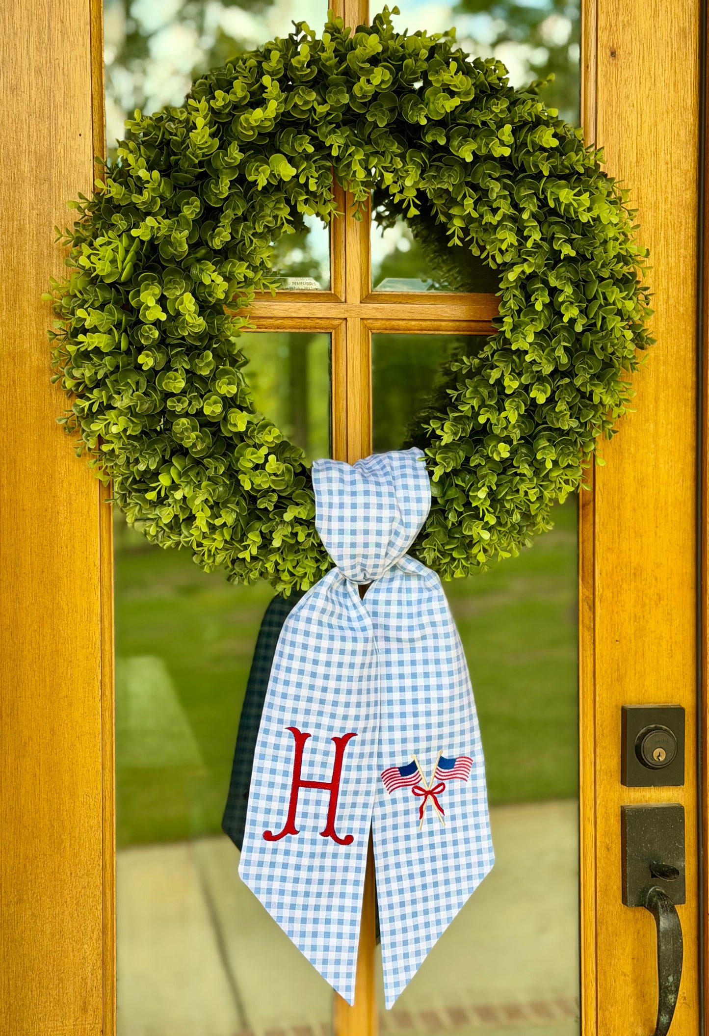 Patriotic Double Flag Wreath Sash | Light Blue 1/4" Gingham