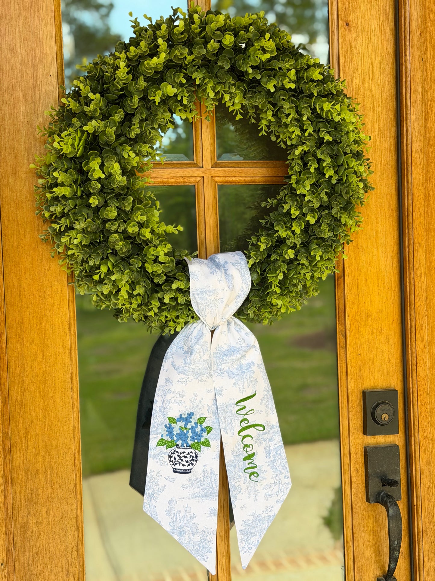 Hydrangea Welcome Wreath Sash | Light Blue Toile
