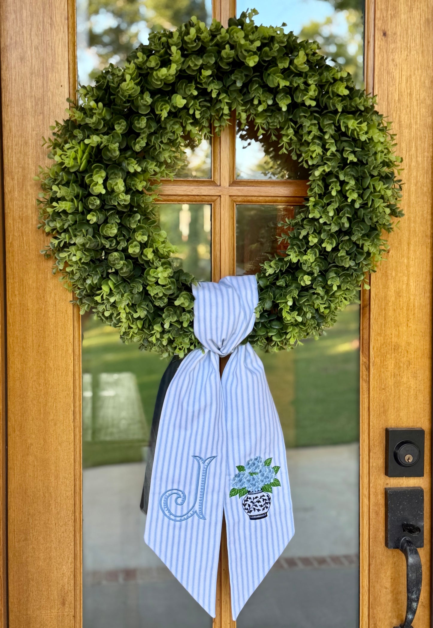 Hydrangea Initial Wreath Sash | Light Blue Ticking