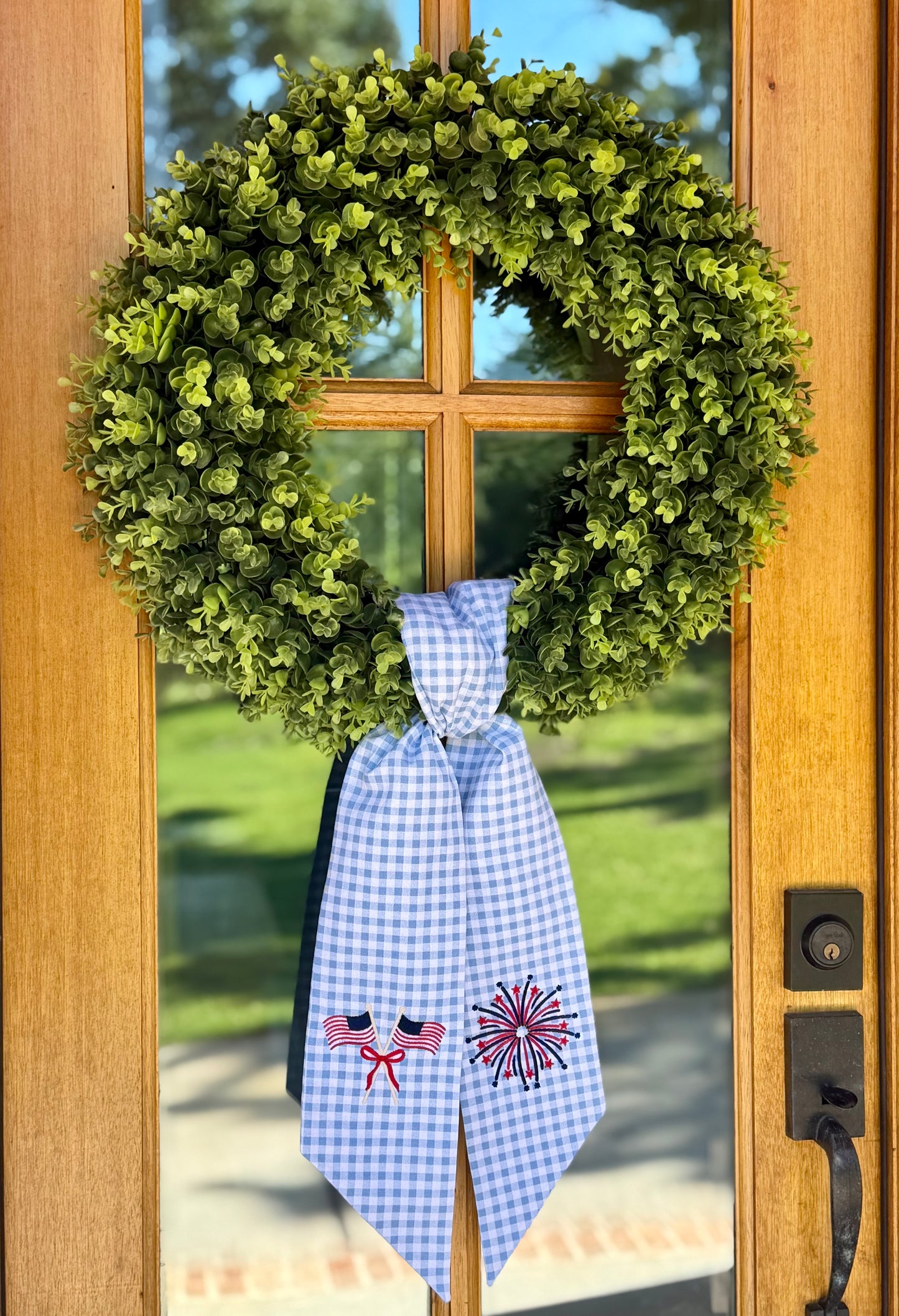 Flags & Fireworks Wreath Sash | Light Blue 1/4" Gingham