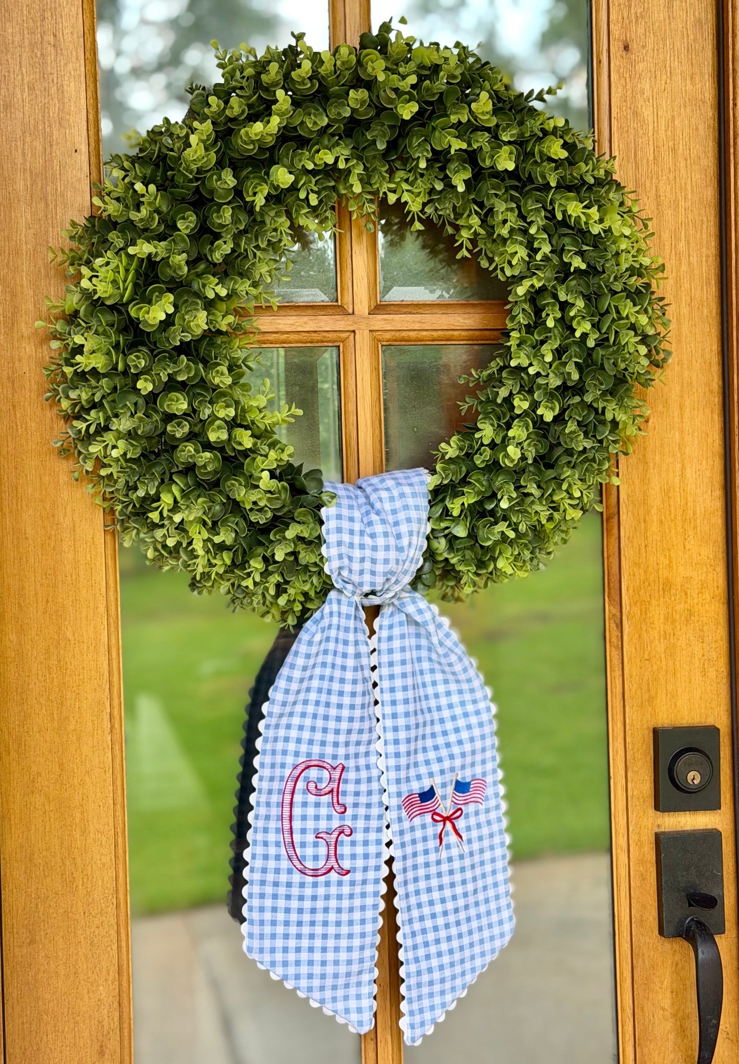 Patriotic Flags & Monogram Wreath Sash | Light Blue 1/4" Gingham w/ Cream Rick Rack