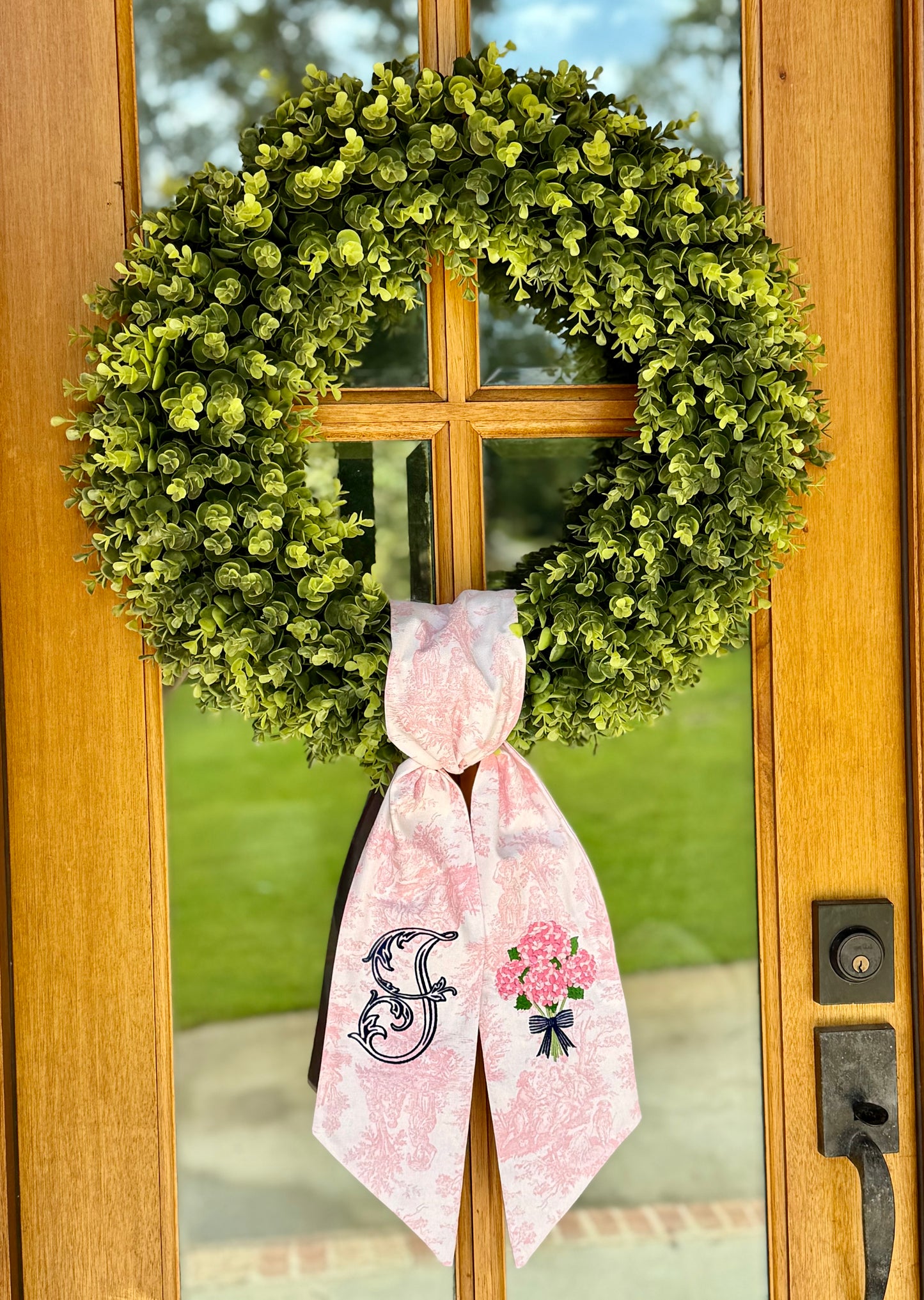 Hydrangea Bouquet Wreath Sash | Pink Toile