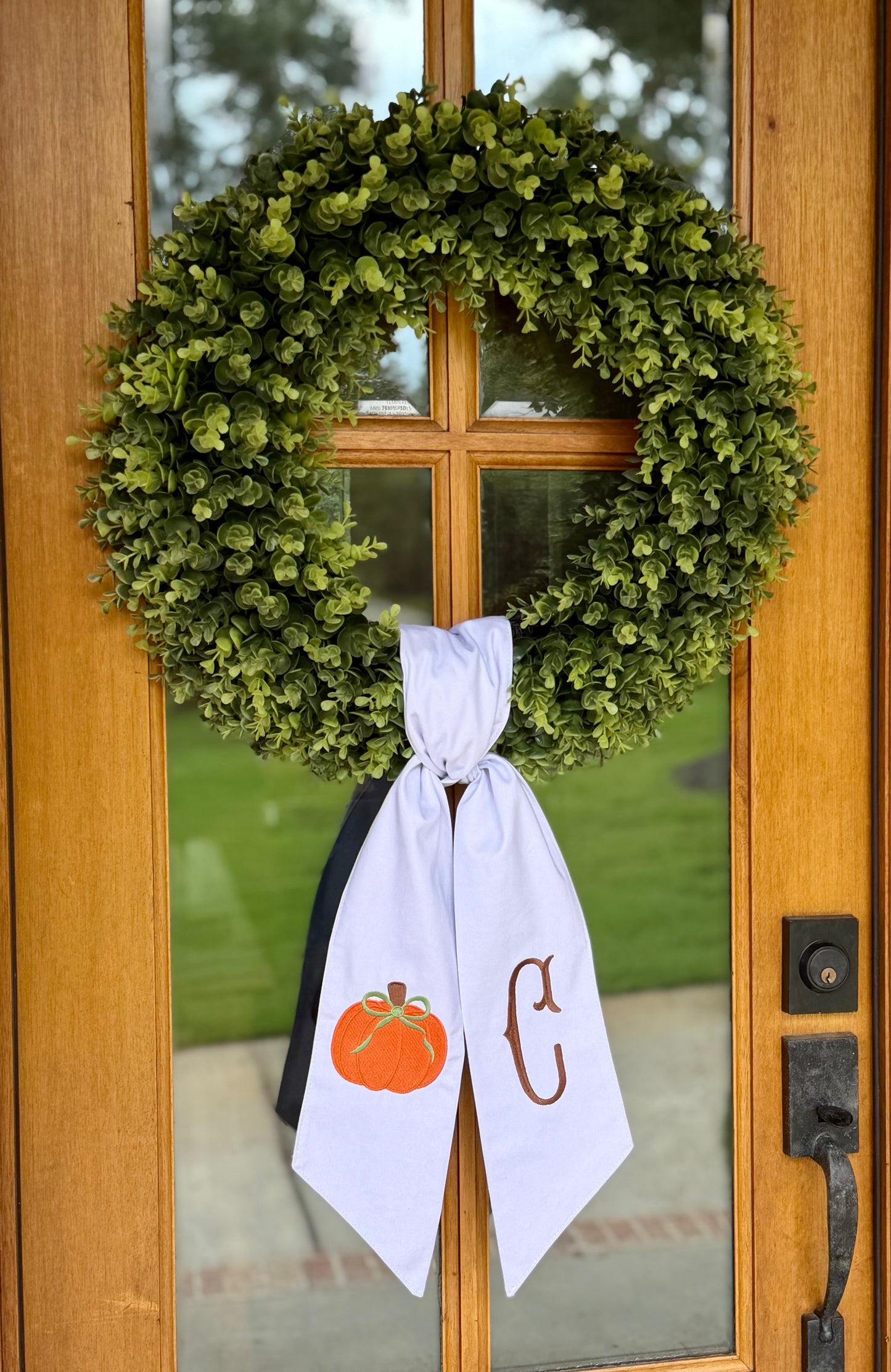 Pumpkin & Bow Monogram Wreath Sash | White w/ Brown Monogram