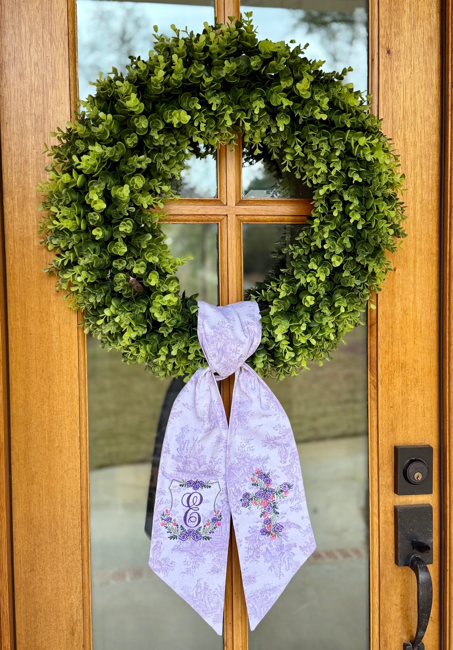 Floral Crest & Cross Wreath Sash | Lavender Toile