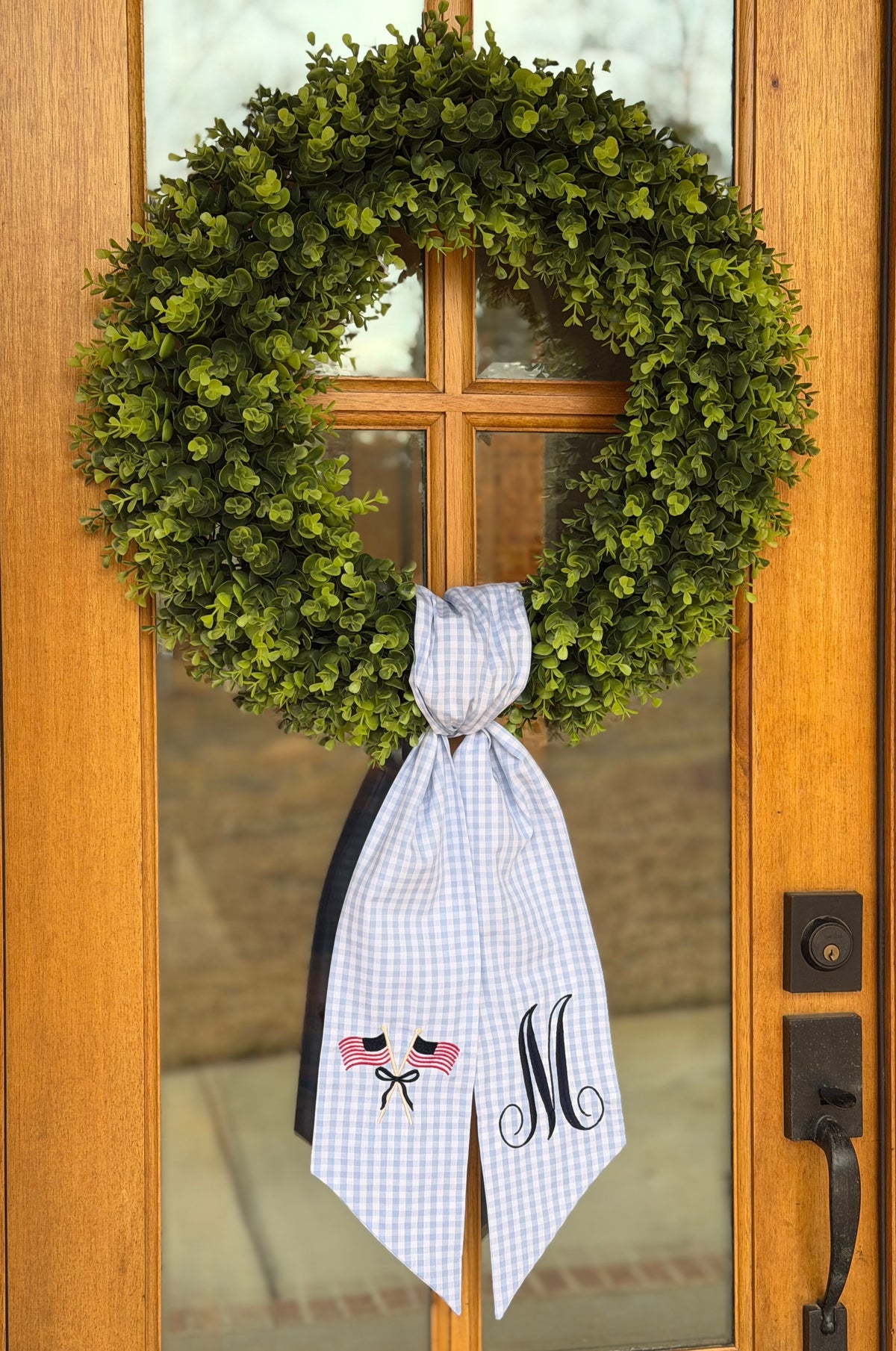 Patriotic Flags & Navy Monogram Wreath Sash | Light Blue 1/4" Gingham