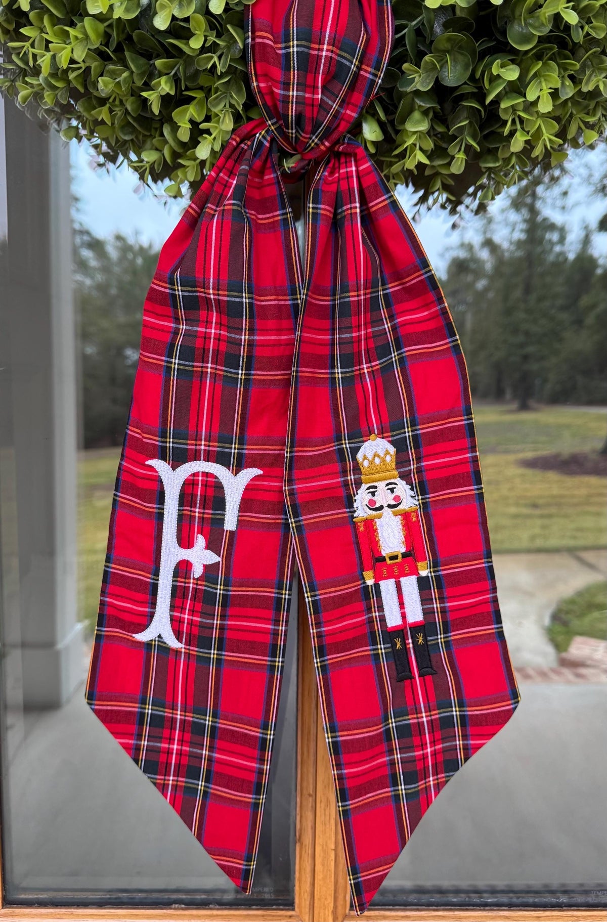 Red & White Christmas Nutcracker Wreath Sash | Red Tartan Plaid