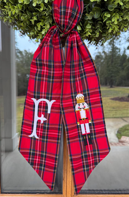Red & White Christmas Nutcracker Wreath Sash | Red Tartan Plaid