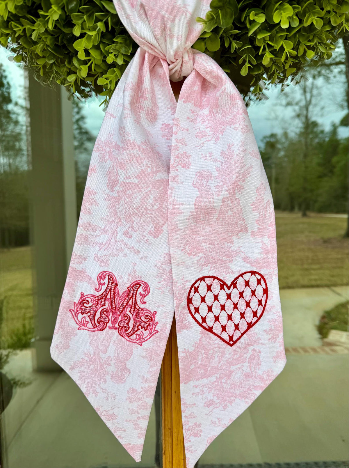 Heart Monogram Wreath Sash | Pink Toile