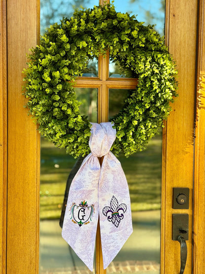 Mardi Gras Crest & Fleur-de-Lis Wreath Sash | Lavender Toile