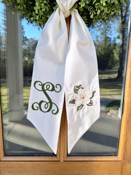 Magnolia Monogram Wreath Sash | Ivory