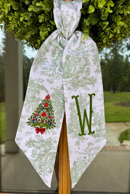 Heirloom Poinsettia Christmas Tree Wreath Sash | Sage Green Toile