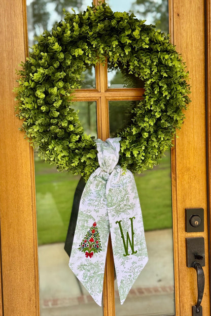 Heirloom Poinsettia Christmas Tree Wreath Sash | Sage Green Toile