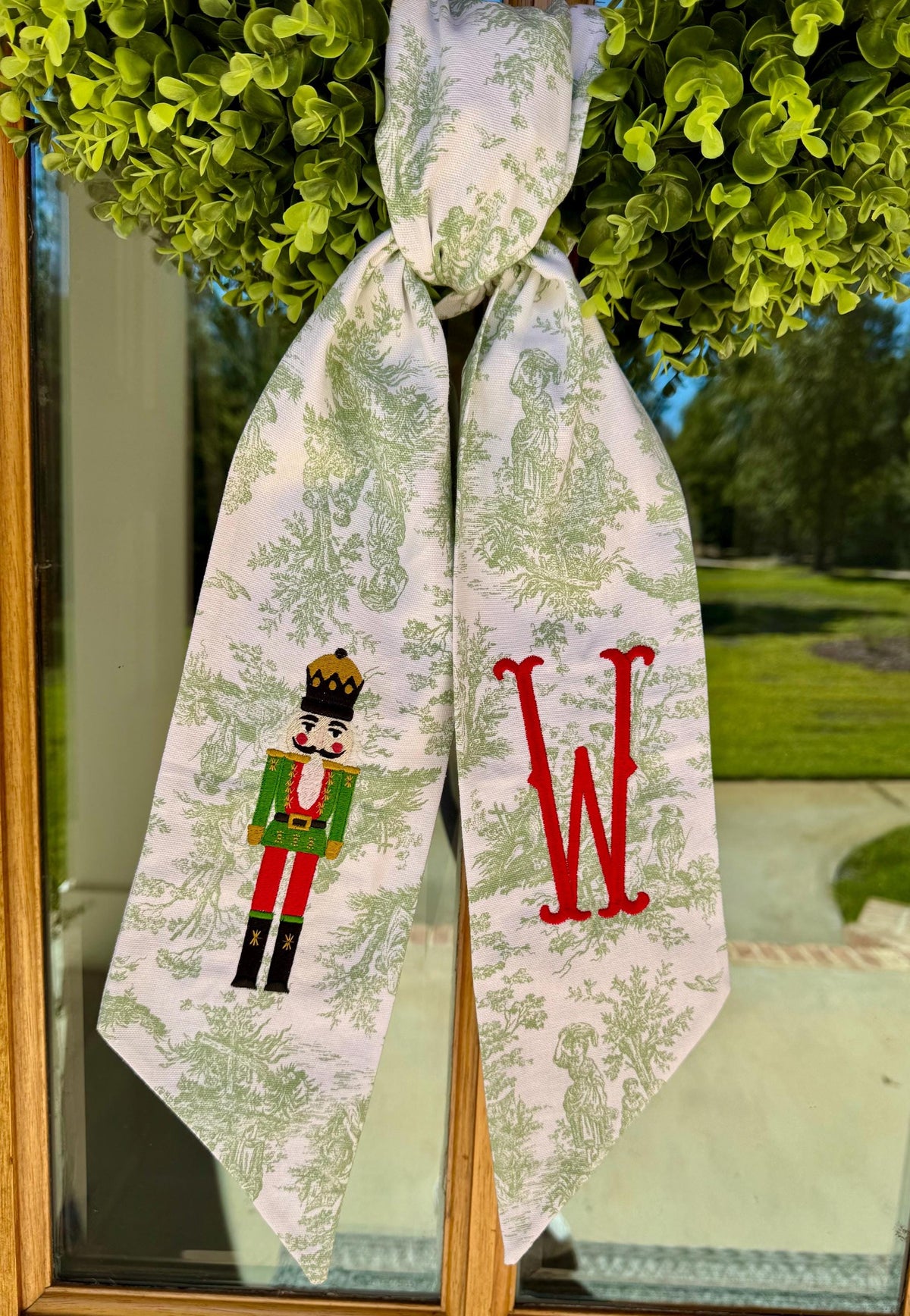 Bright Green & Red Christmas Nutcracker Wreath Sash | Sage Green Toile
