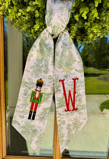 Bright Green & Red Christmas Nutcracker Wreath Sash | Sage Green Toile