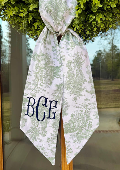 Traditional Monogram Wreath Sash | Sage Green Toile