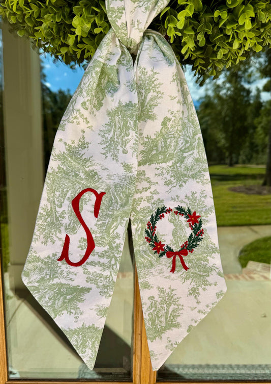 Poinsettia Christmas Wreath Sash | Sage Green Toile