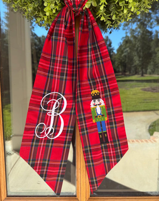 Bright Green & Blue Christmas Nutcracker Wreath Sash | Red Tartan Plaid