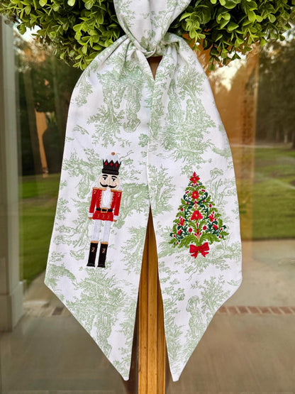 Red & White Nutcracker and Heirloom Poinsettia Christmas Tree Wreath Sash | Sage Green Toile