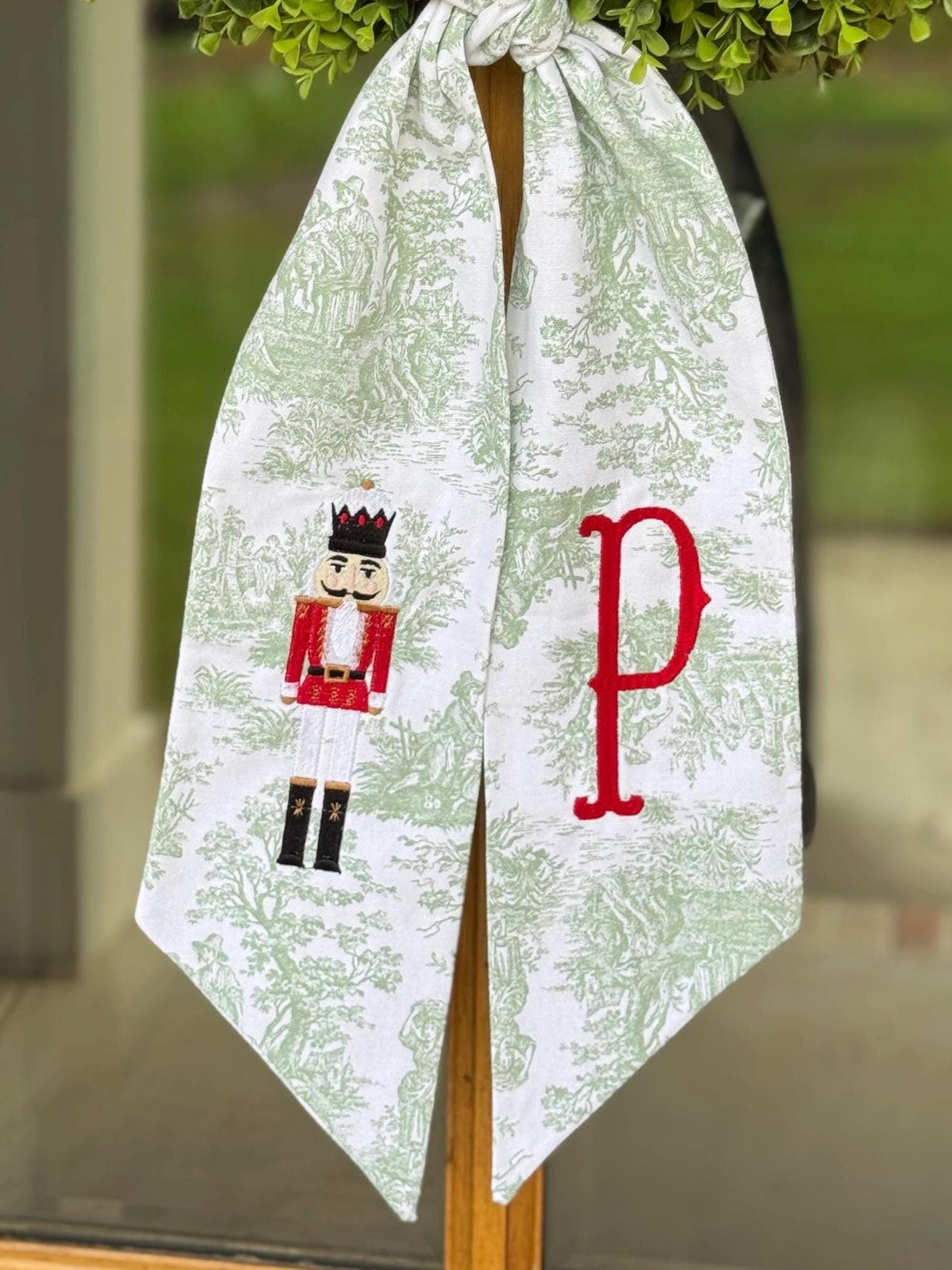 Red & White Christmas Nutcracker Wreath Sash | Sage Green Toile