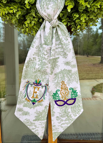 Mardi Gras Crest & Mask Wreath Sash | Sage Green Toile
