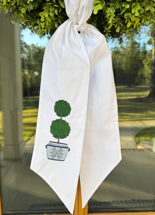 Boxwood Topiary Wreath Sash | White