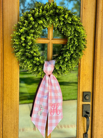 Classic Bunny Monogram Wreath Sash | Pink 1" Gingham