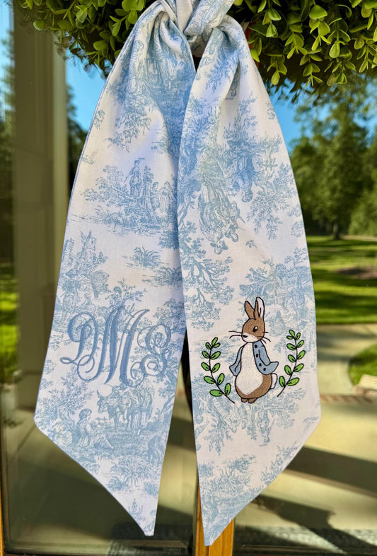 Storybook Bunny Monogram Wreath Sash | Light Blue Toile