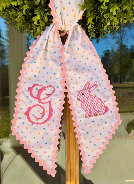 Pink Bunny Monogram Wreath Sash | Confetti Dot w/ Light Pink Rick Rack