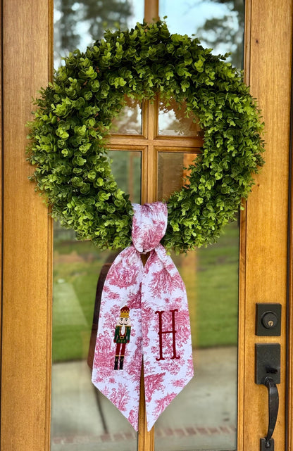 Dark Green & Red Christmas Nutcracker Wreath Sash | Red Toile