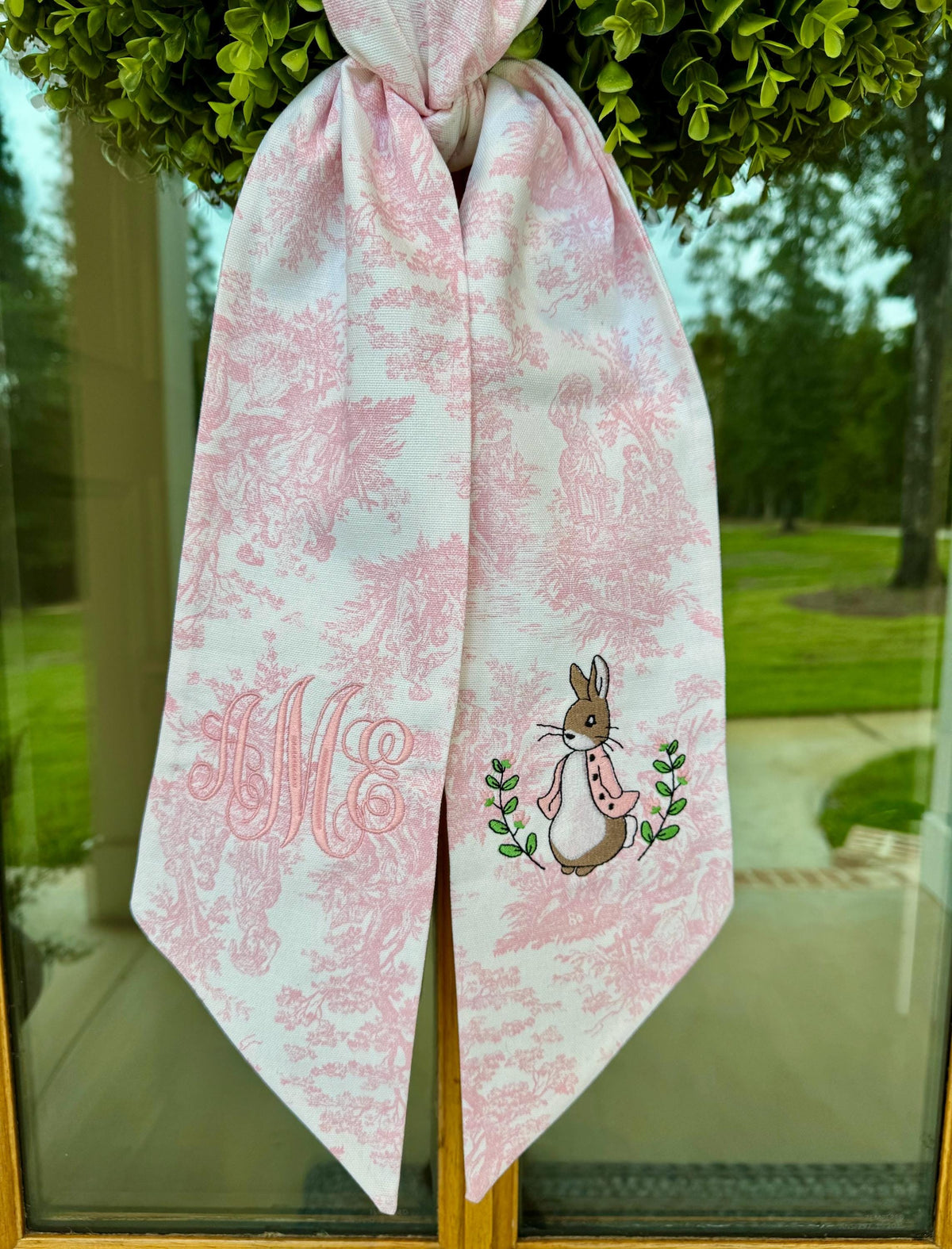Storybook Bunny Monogrammed Wreath Sash | Pink Toile