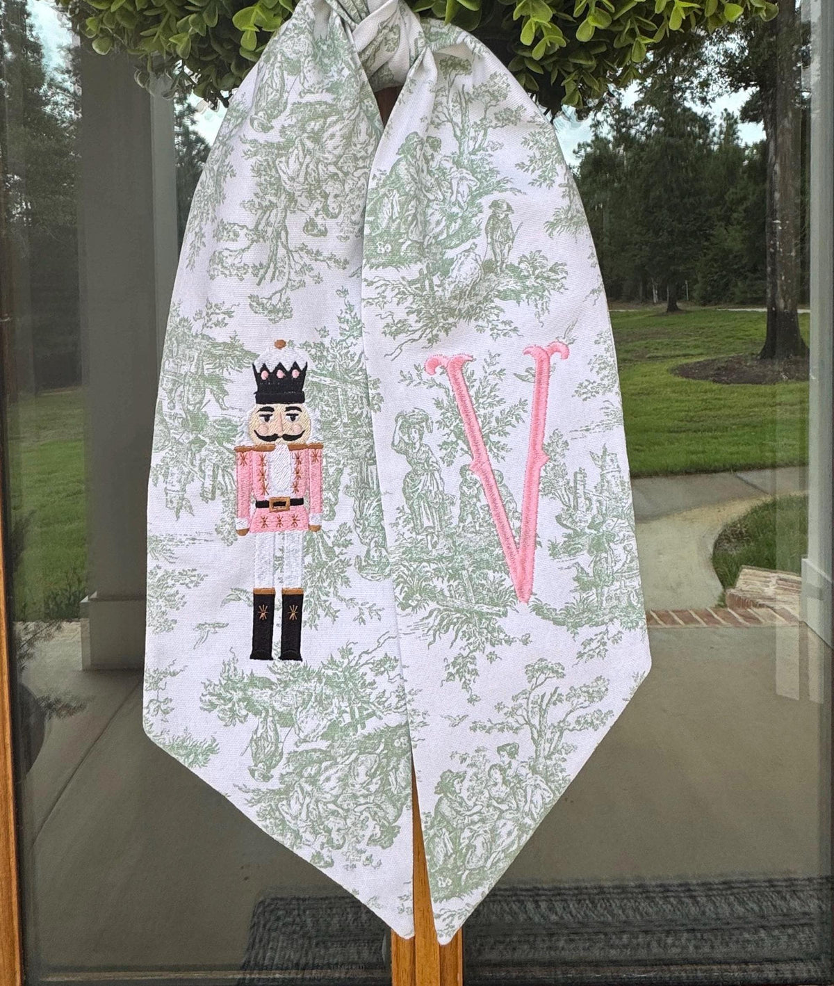 Pink & White Christmas Nutcracker Wreath Sash | Sage Green Toile