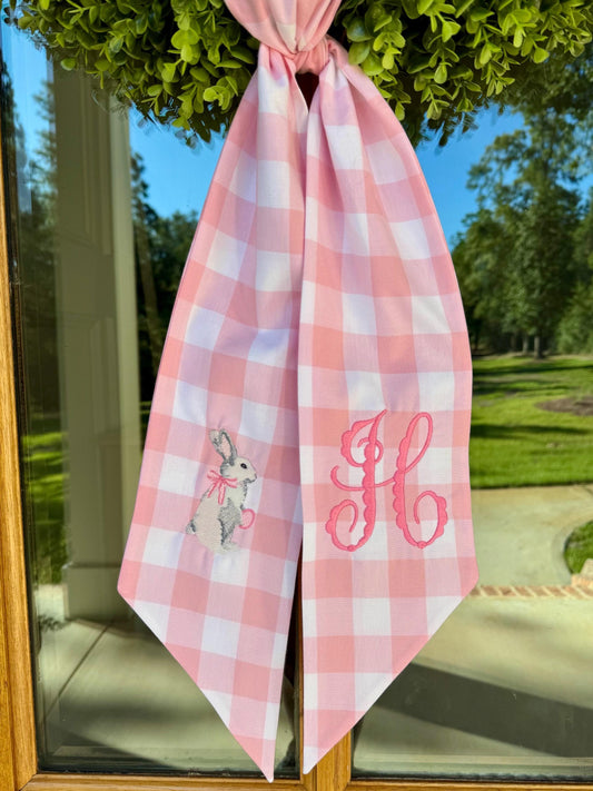 Classic Bunny Monogram Wreath Sash | Pink 1" Gingham