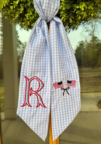 American Flag Monogram Wreath Sash | Light Blue 1/4" Gingham