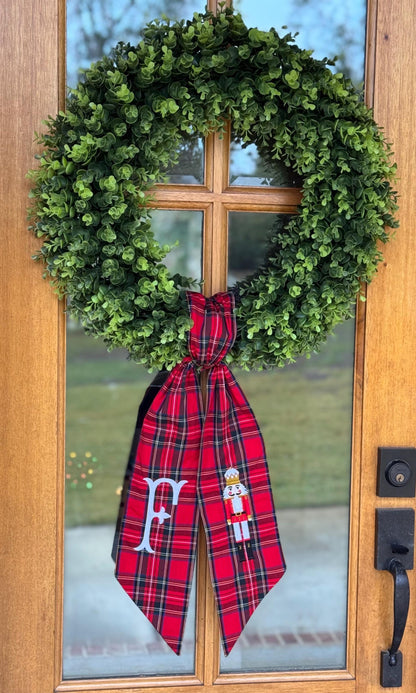 Red & White Christmas Nutcracker Wreath Sash | Red Tartan Plaid
