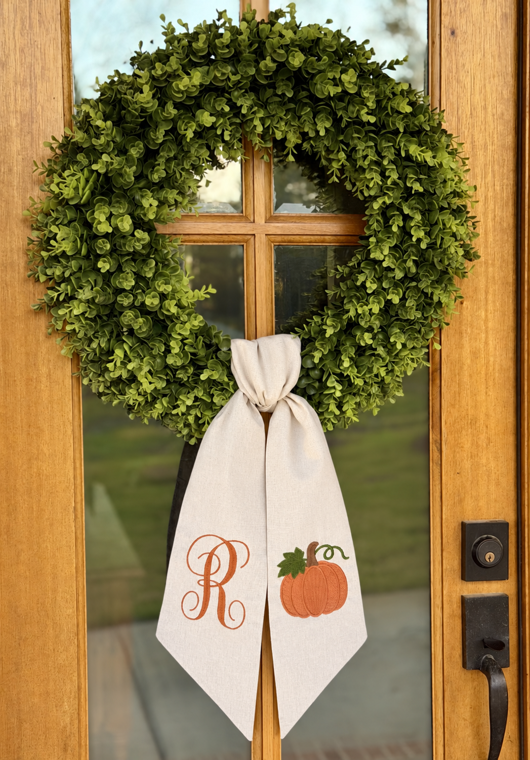 Pumpkin Initial Wreath Sash | Natural Tan