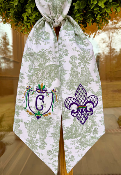 Mardi Gras Crest & Fleur-de-Lis Wreath Sash | Sage Green Toile