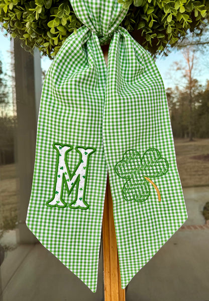 Lucky Clover Applique Wreath Sash| Kelly Green 1/8" Gingham