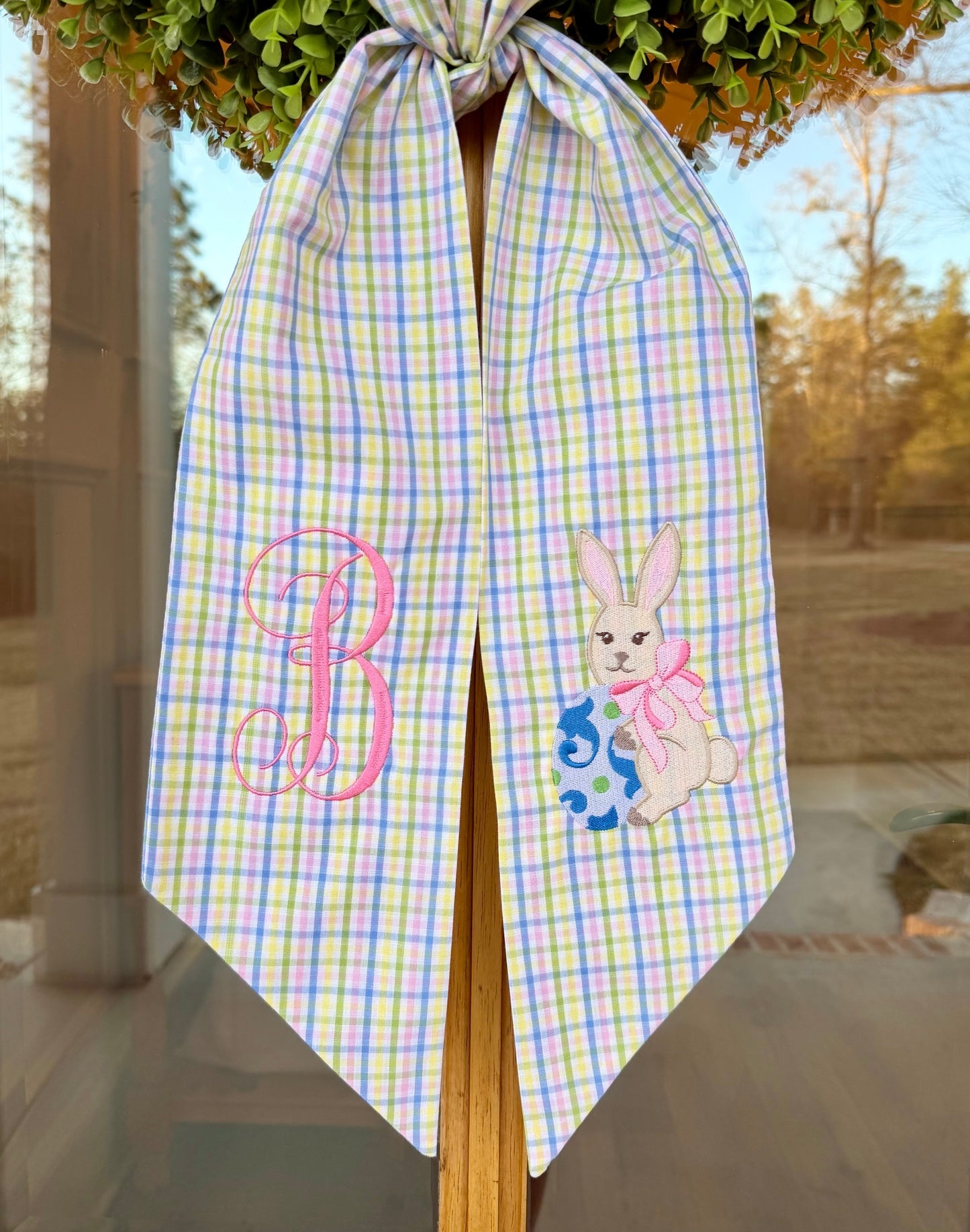 Classic Initial Easter Bunny Wreath Sash | Easter Plaid