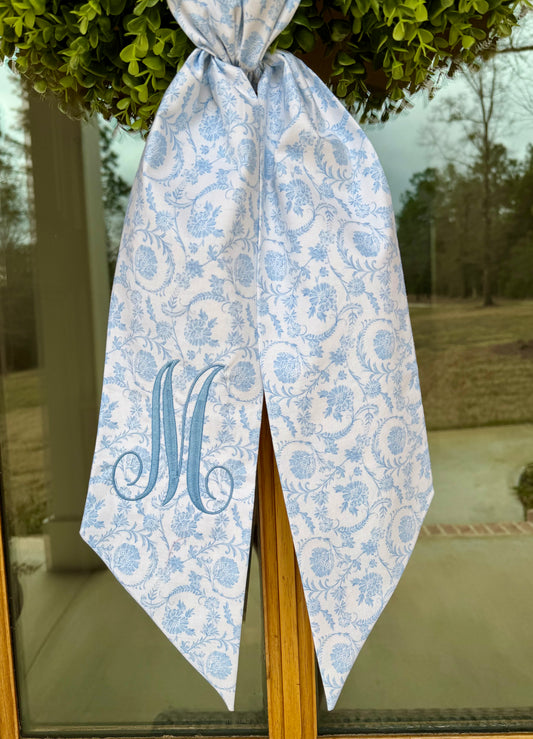 Classic Initial Wreath Sash | Light Blue Floral Scroll