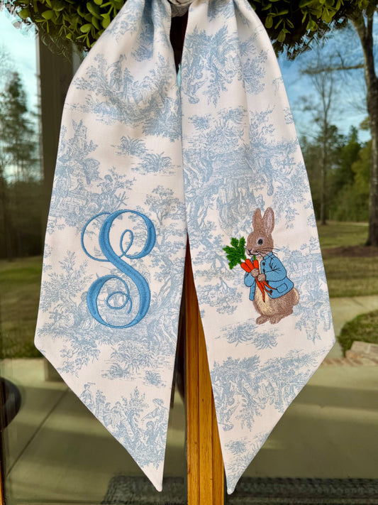 Storybook Bunny with Carrots Wreath Sash | Light Blue Toile